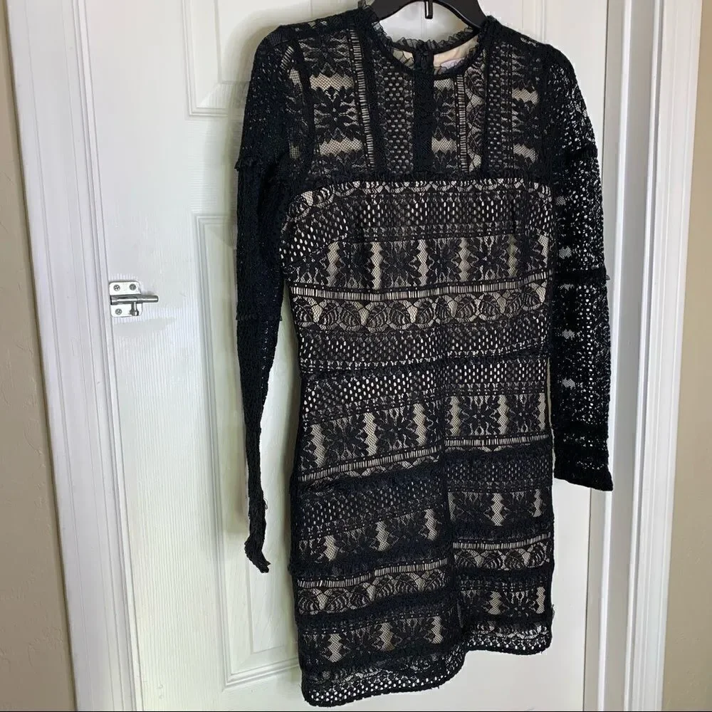 PARKER LACE RUFFLE LONG SLEEVE CONTRAST DRESS BLACK Size Medium